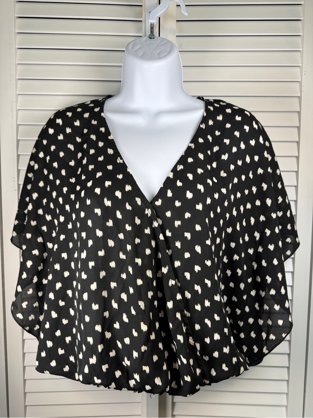 Allison Joy Black V-Neck Flutter Sleeve Blouse with White Dot Print